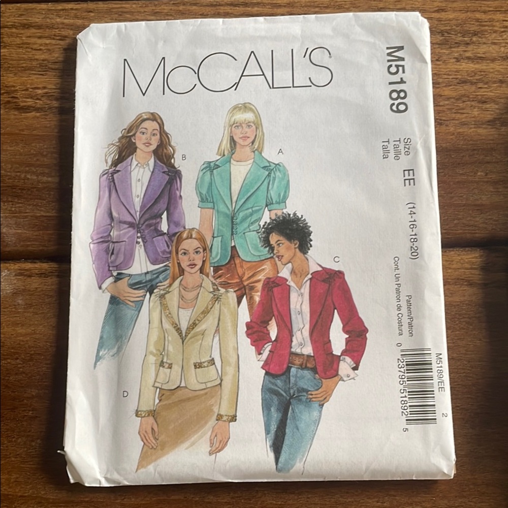 McCall’s M5189 Sewing Pattern Misses’ Lined Jacket 18 Pieces